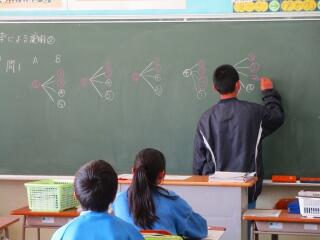 ２年２組　数学　確率　生徒が樹形図を書いています