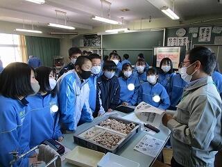 出土した貝殻や動物の骨について興味津々の生徒たち