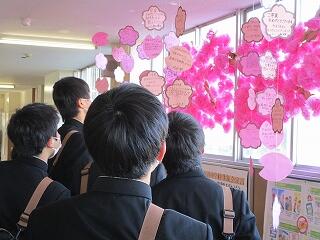 昇降口に飾られた桜の木と花びらにメッセージが書かれた装飾